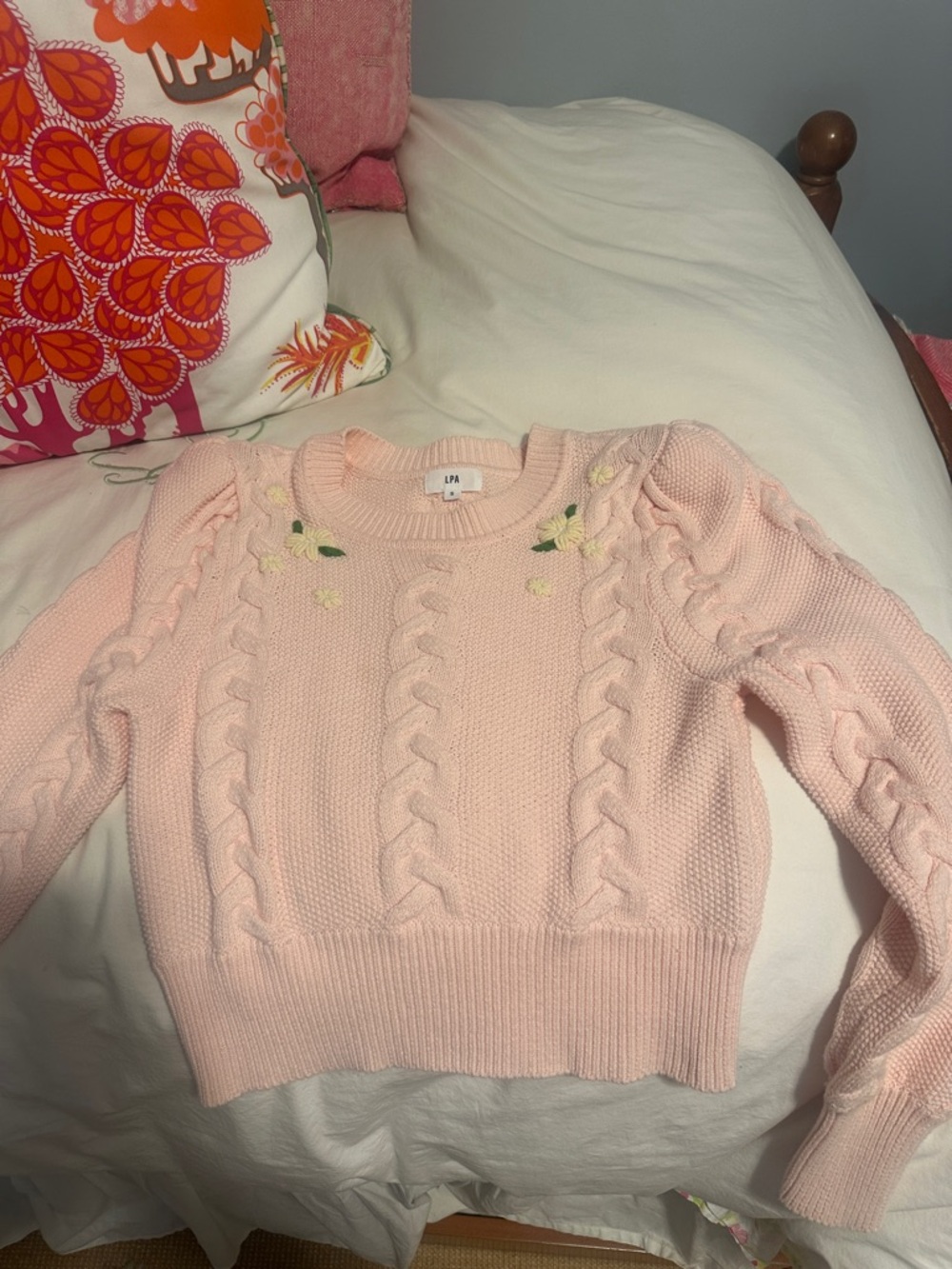 LPA Women's Pale Pink Cable Knit Sweater with Floral Detail - size small